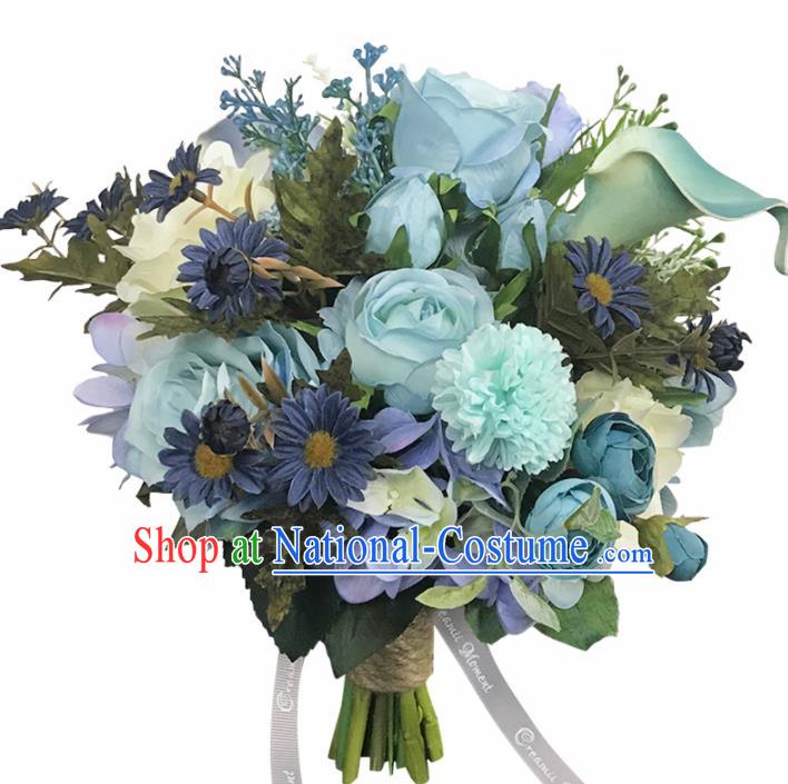 Handmade Wedding Bride Holding Emulational Classical Blue Flowers Ball Hand Tied Bouquet Flowers for Women