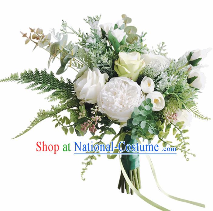 Handmade Wedding Bride Holding Emulational Classical White Peony Grass Ball Hand Tied Bouquet Flowers for Women