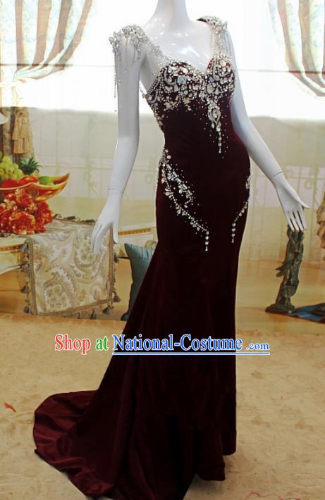 Top Grade Modern Fancywork Wine Red Formal Dress Compere Catwalks Costume for Women