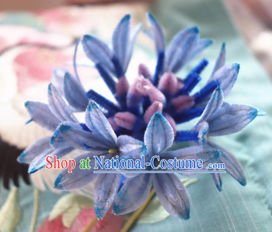 Chinese Handmade Blue Velvet Cornflower Hairpins Ancient Palace Headwear for Women