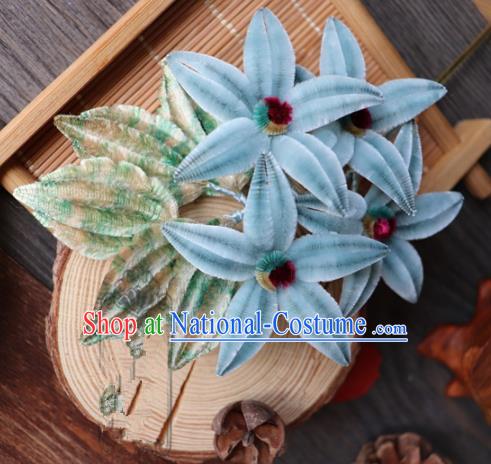 Chinese Handmade Blue Velvet Hairpins Ancient Palace Headwear for Women