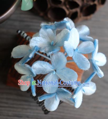 Chinese Handmade Blue Velvet Hydrangea Hairpins Ancient Palace Headwear for Women