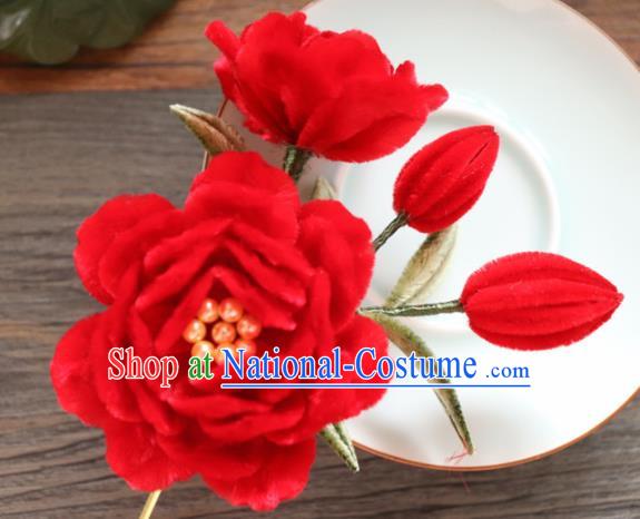 Chinese Handmade Red Velvet Peony Hairpins Ancient Palace Hair Accessories Headwear for Women