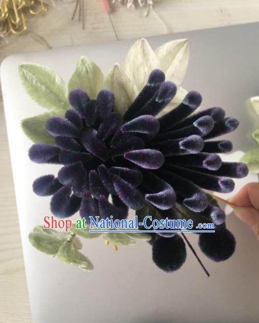 Chinese Handmade Purple Velvet Chrysanthemum Hairpins Ancient Palace Hair Accessories Headwear for Women