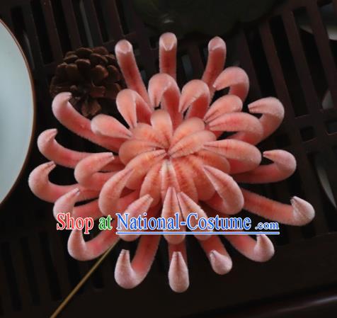 Chinese Handmade Pink Velvet Chrysanthemum Hairpins Ancient Palace Hair Accessories Headwear for Women