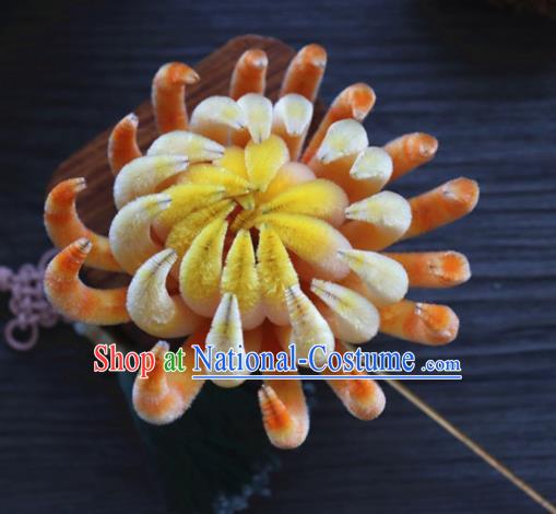 Chinese Handmade Yellow Velvet Chrysanthemum Hairpins Ancient Palace Hair Accessories Headwear for Women