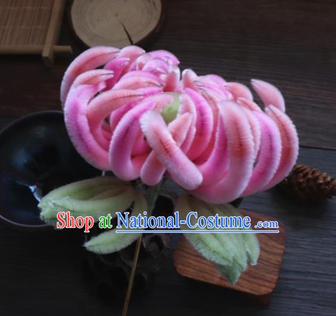 Chinese Handmade Pink Velvet Chrysanthemum Hairpins Ancient Palace Hair Accessories Headwear for Women