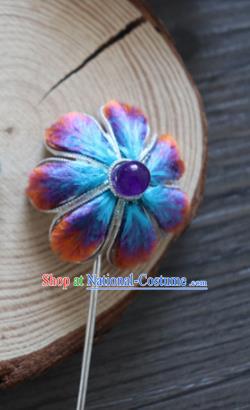 Chinese Handmade Blue Velvet Flowers Hairpins Ancient Palace Queen Hair Accessories Headwear for Women