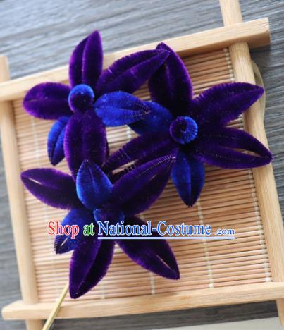 Chinese Handmade Purple Velvet Flowers Hairpins Ancient Palace Queen Hair Accessories Headwear for Women