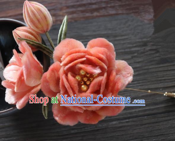 Chinese Handmade Orange Velvet Peony Hairpins Ancient Palace Queen Hair Accessories Headwear for Women