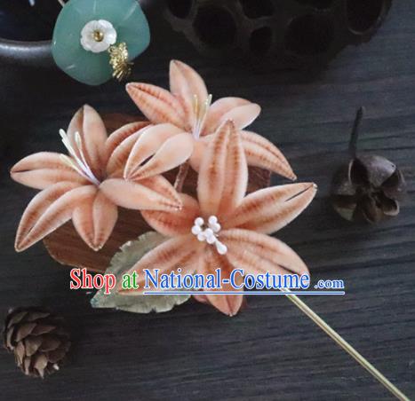 Chinese Handmade Orange Velvet Flowers Hairpins Ancient Palace Queen Hair Accessories Headwear for Women