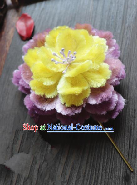 Chinese Handmade Yellow Velvet Peony Hairpins Ancient Palace Queen Hair Accessories Headwear for Women