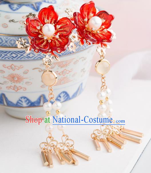 Chinese Handmade Red Flower Hairpins Ancient Princess Hair Accessories Headwear for Women