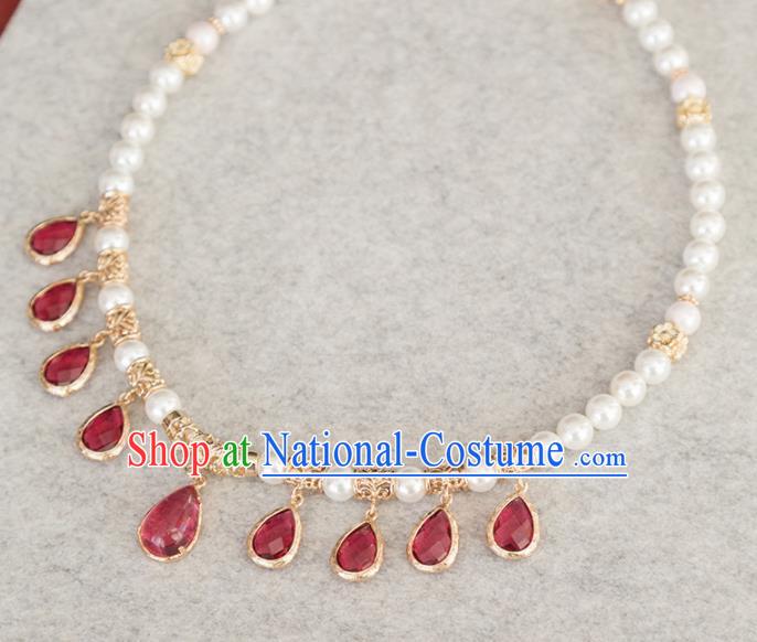 Handmade Chinese Classical Red Crystal Necklace Ancient Palace Hanfu Pearls Necklet Accessories for Women