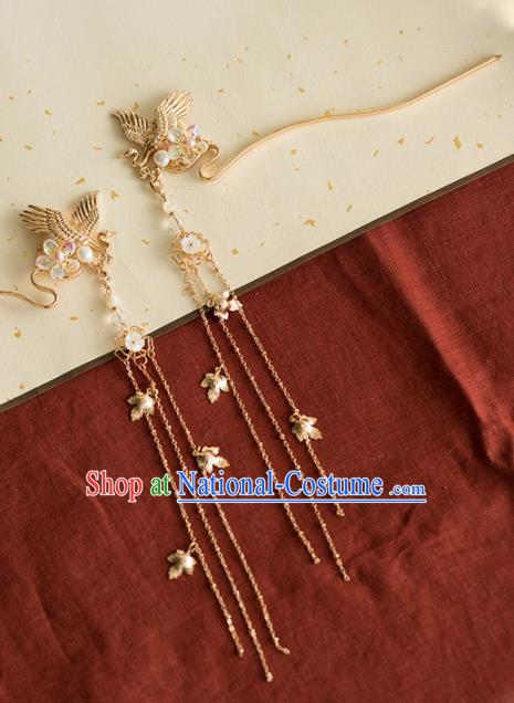 Chinese Handmade Golden Crane Tassel Hairpins Ancient Princess Hair Accessories Headwear for Women