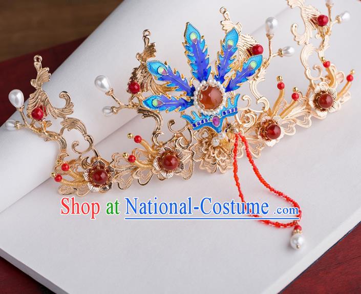 Chinese Handmade Blueing Phoenix Coronet Hairpins Ancient Princess Hair Accessories Headwear for Women