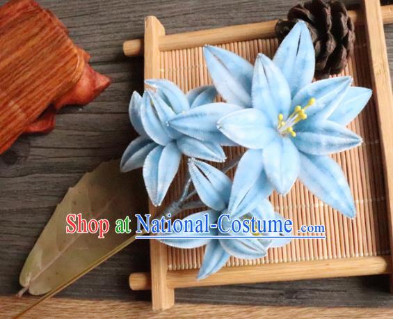 Chinese Handmade Wedding Blue Velvet Orchid Hairpins Ancient Palace Queen Hair Accessories Headwear for Women