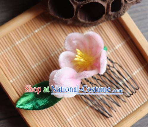 Chinese Handmade Wedding Pink Velvet Peach Flower Hair Comb Ancient Palace Queen Hair Accessories Headwear for Women