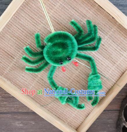 Chinese Handmade Green Velvet Crab Hairpins Ancient Palace Queen Hair Accessories Headwear for Women