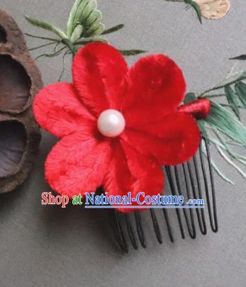 Chinese Handmade Red Velvet Flowers Hair Comb Ancient Palace Queen Hair Accessories Headwear for Women