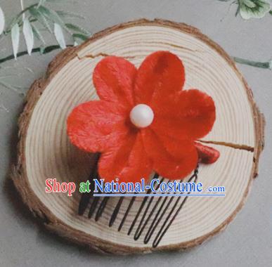 Chinese Handmade Red Velvet Flowers Hair Comb Ancient Palace Queen Hair Accessories Headwear for Women