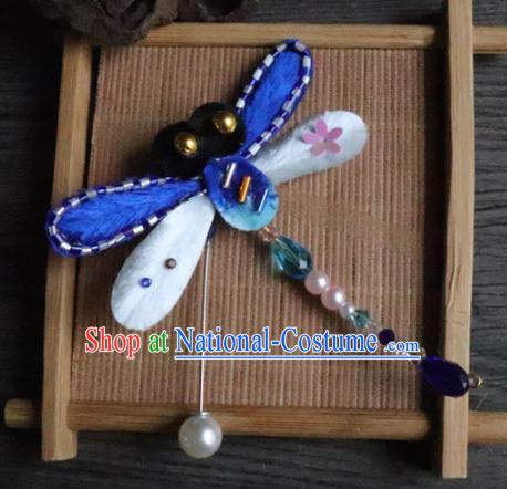 Handmade Chinese Classical Blue Velvet Dragonfly Brooch Ancient Palace Pearls Breastpin for Women