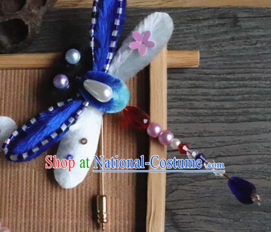 Handmade Chinese Classical Blue Velvet Pearls Dragonfly Brooch Ancient Palace Breastpin for Women