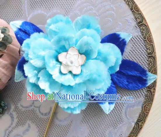 Chinese Handmade Blue Velvet Peony Hairpins Ancient Palace Queen Hair Accessories Headwear for Women