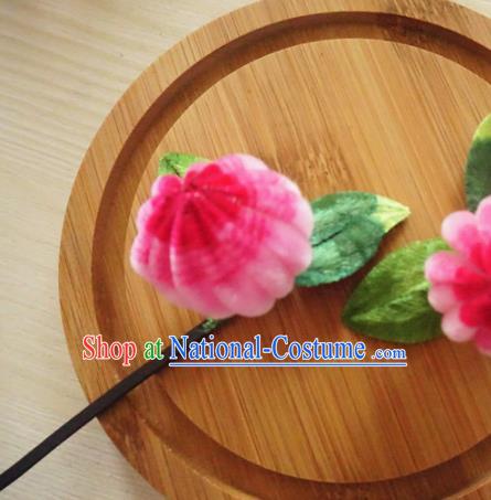 Chinese Handmade Rosy Velvet Chrysanthemum Hairpins Ancient Palace Queen Hair Accessories Headwear for Women