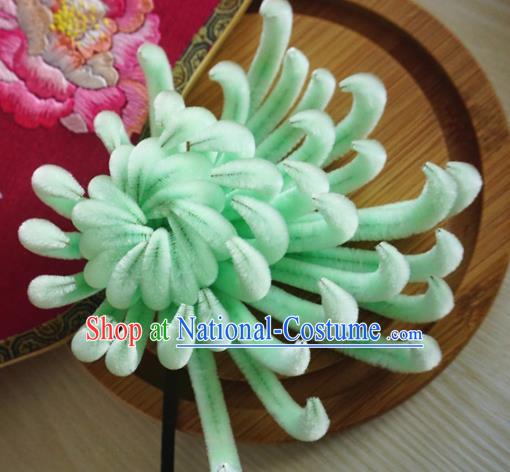 Chinese Handmade Palace Green Velvet Chrysanthemum Hairpins Ancient Queen Hair Accessories Headwear for Women