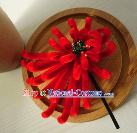 Chinese Handmade Palace Red Velvet Chrysanthemum Hairpins Ancient Queen Hair Accessories Headwear for Women