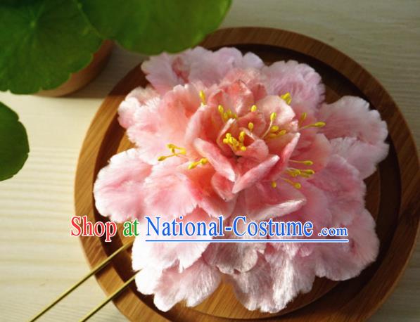 Chinese Handmade Palace Pink Peony Velvet Hairpins Ancient Queen Hair Accessories Headwear for Women