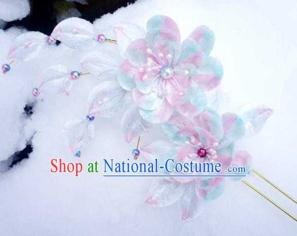 Chinese Handmade Palace Blue Plum Blossom Velvet Hairpins Ancient Queen Hair Accessories Headwear for Women