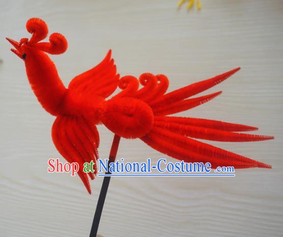 Chinese Handmade Palace Red Phoenix Velvet Hairpins Ancient Queen Hair Accessories Headwear for Women