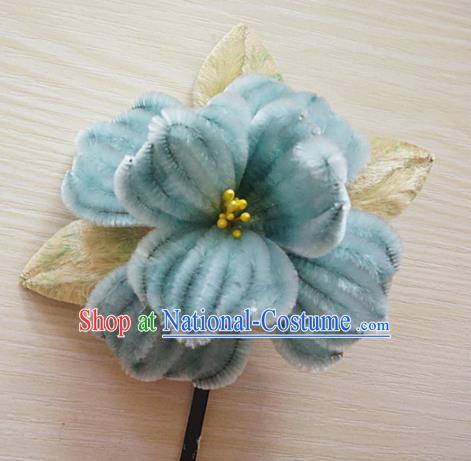 Chinese Handmade Palace Blue Camellia Velvet Hairpins Ancient Queen Hair Accessories Headwear for Women