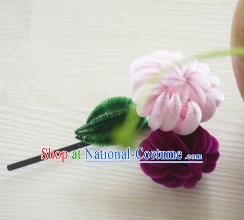 Chinese Handmade Palace Velvet Pink Chrysanthemum Hairpins Ancient Queen Hair Accessories Headwear for Women