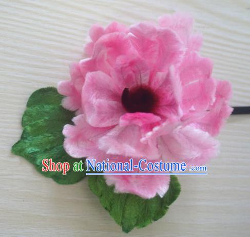 Chinese Handmade Palace Pink Peony Velvet Hairpins Ancient Queen Hair Accessories Headwear for Women