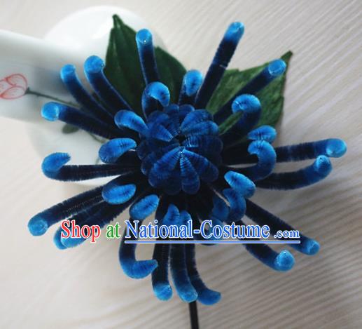 Chinese Handmade Palace Navy Velvet Chrysanthemum Hairpins Ancient Queen Hair Accessories Headwear for Women