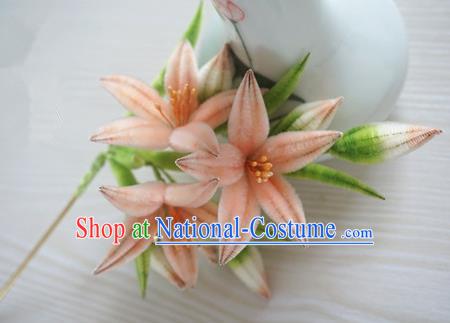 Chinese Handmade Palace Pink Lily Flowers Velvet Hairpins Ancient Queen Hair Accessories Headwear for Women