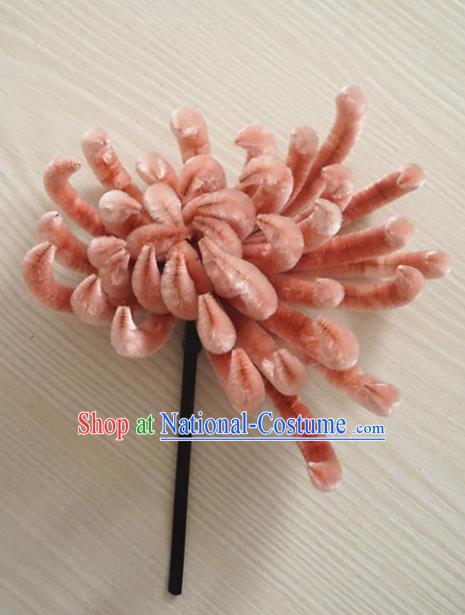 Chinese Handmade Palace Pink Chrysanthemum Flowers Velvet Hairpins Ancient Queen Hair Accessories Headwear for Women