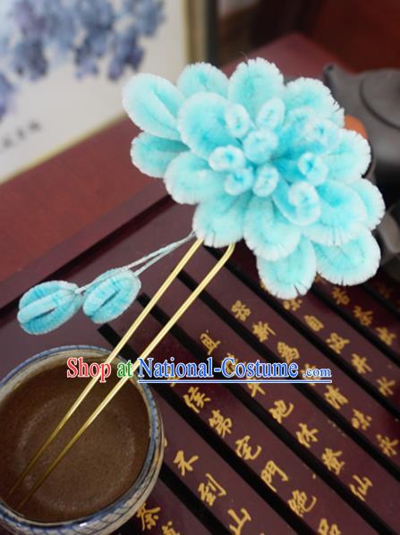 Chinese Handmade Palace Blue Velvet Hairpins Ancient Queen Hair Accessories Headwear for Women