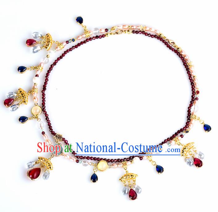 Handmade Chinese Classical Red Crystal Necklace Ancient Palace Hanfu Necklet Accessories for Women