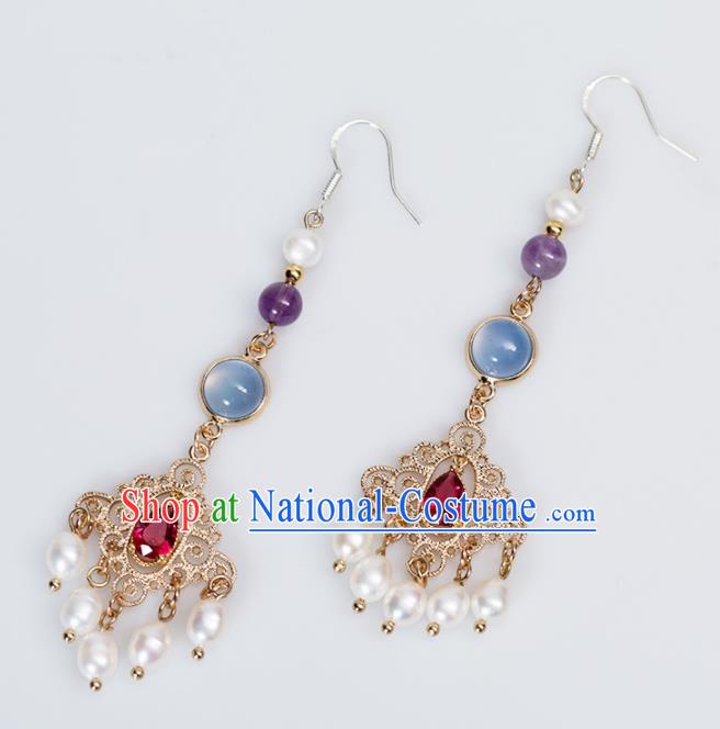 Handmade Chinese Classical Hanfu Red Crystal Earrings Ancient Palace Ear Accessories for Women