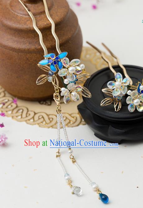 Chinese Handmade Hanfu Blueing Hairpins Tassel Step Shake Ancient Princess Hair Accessories Headwear for Women