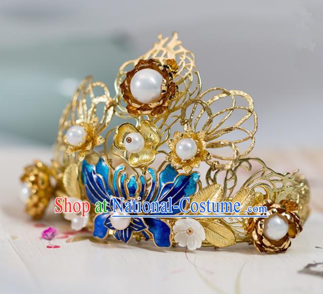 Chinese Handmade Hanfu Cloisonne Lotus Hair Crown Hairpins Ancient Princess Hair Accessories Headwear for Women