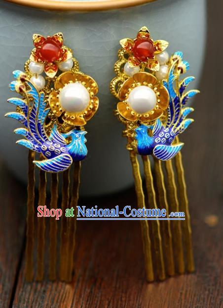 Chinese Handmade Hanfu Cloisonne Phoenix Hair Combs Hairpins Ancient Princess Hair Accessories Headwear for Women