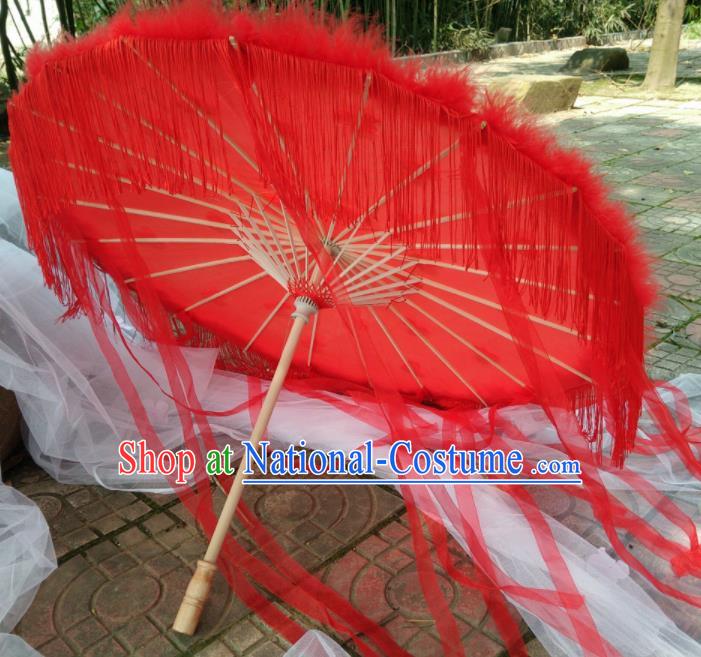 Chinese Traditional Red Ribbon Tassel Umbrella Ancient Princess Umbrella for Women