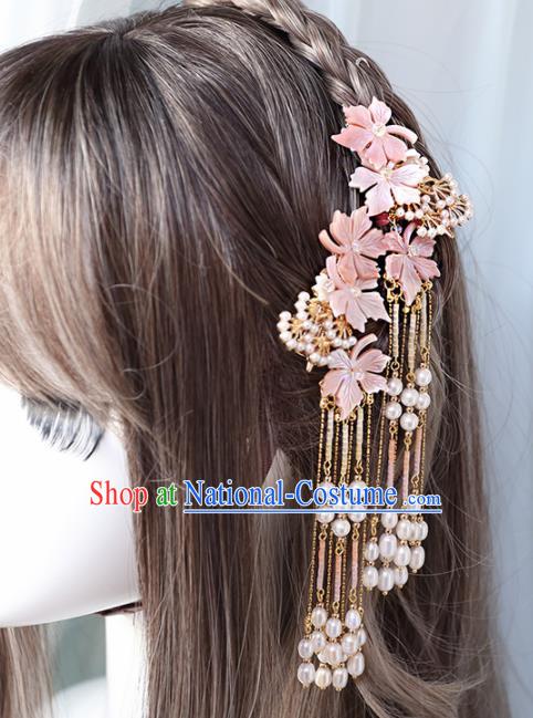 Chinese Handmade Hanfu Pink Shell Flowers Tassel Hairpins Ancient Princess Hair Accessories Headwear for Women