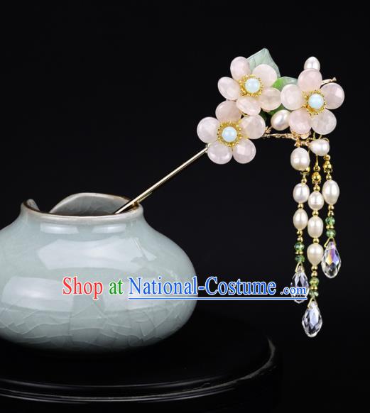 Chinese Handmade Hanfu Hairpins Pink Flowers Tassel Step Shake Ancient Palace Princess Hair Accessories Headwear for Women