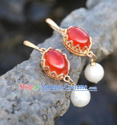 Handmade Chinese Classical Red Agate Earrings Ancient Palace Hanfu Ear Accessories for Women